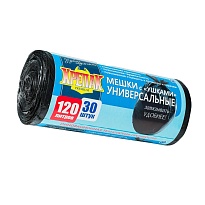 Мешки для мусора 120 л, с ушками, черные, в рулоне 30 шт., ПНД, 15 мкм, 1100х700 мм, Крепак, 4607075710375 в Старом Осколе